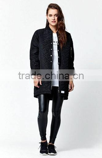 Women Solid Black Color Nylon Stone Cut Quilted Longline Bomber Jacket