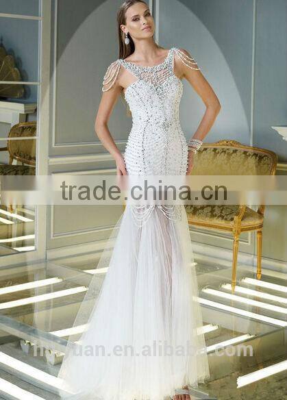 2015 white sexy tulle beaded scoop neck evening dress crystal
