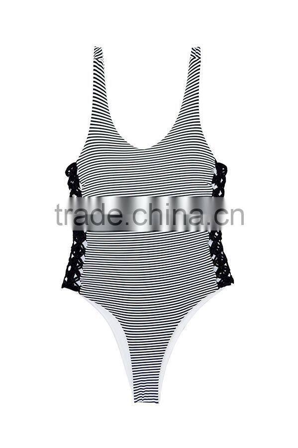 ladies black and white stripe and side braid one-piece swimwear