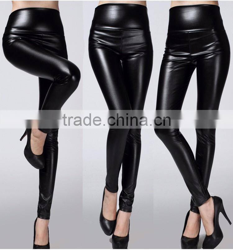wholesale plain womens tight pants/sexy faux leather high waist leggings stretch PU pants laides skinny trousers