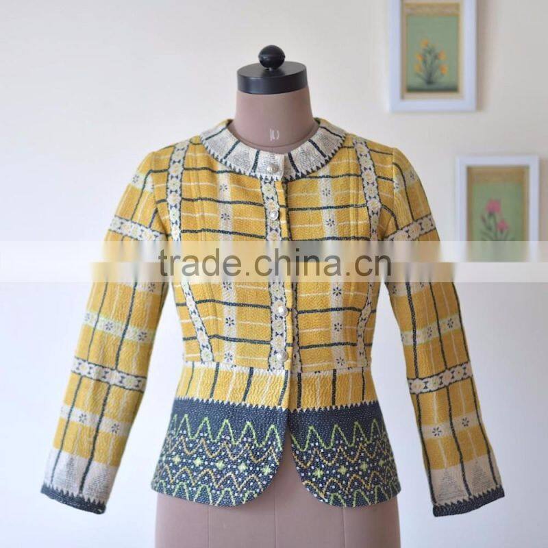handmade Vintage Kantha Boho Jacket in One of a Kind Yellowish Print ~ Small