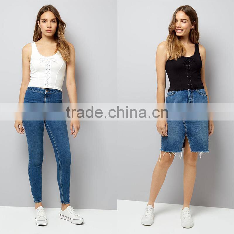 Wide shoulder straps lace up ribbed cropped tank womens black vest tops