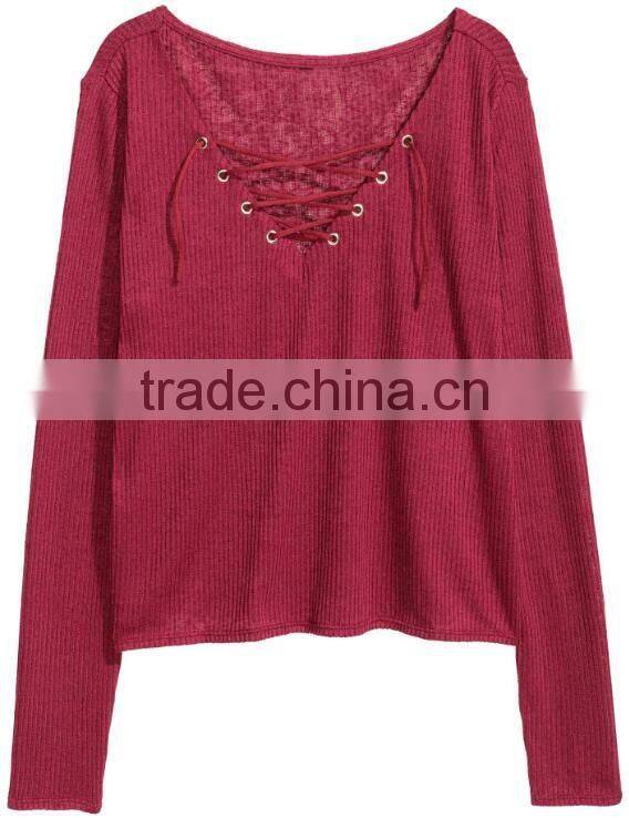 Ladies Wearing Hand Knitted Wool Sweaters with Lacing V-Neck Design