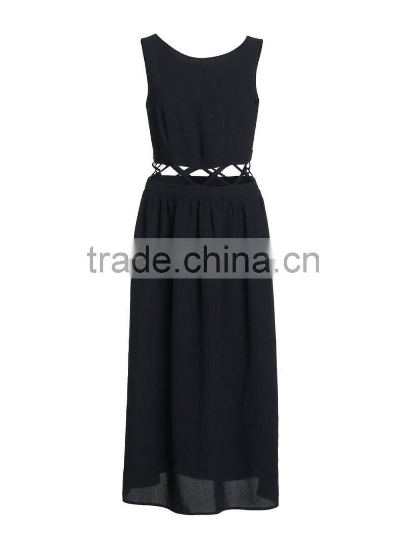 Latest Girls round neck black chiffon waist halter long dress