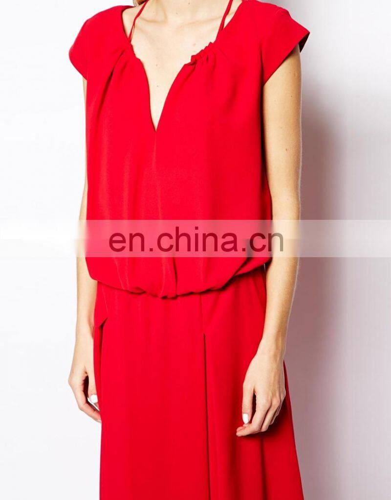 CHEFON Lace Up Detail Red Maxi Dress