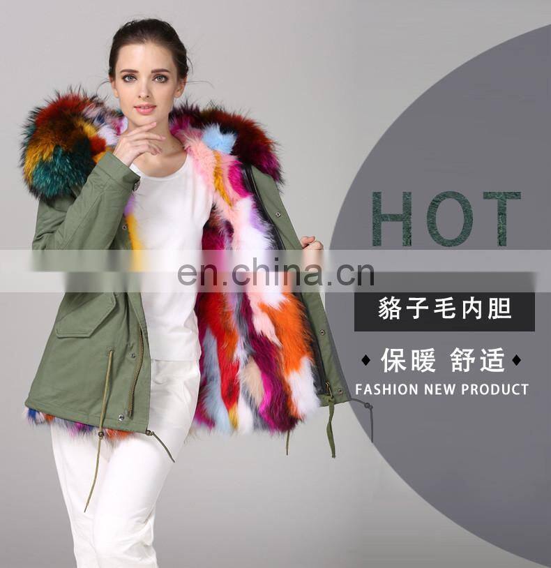 Hot Selling warm raccoon parka coat with fur hood snow real fur jackets