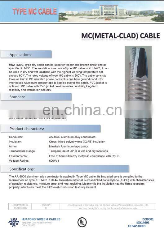 UL Standard Copper Conductor 10/3 12/2 MC Cable