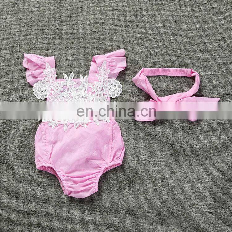 Newly baby girl pink lace flower romper jumpsuit 2 pieces set bow hair band rompers baby suit