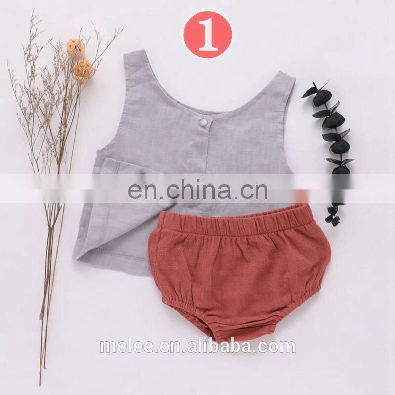 RTS Australia Hot Sale Baby Infant linen 2pcs Set Buttons Vest Tops Solid Bloomers Korean Girls Linen Outfits