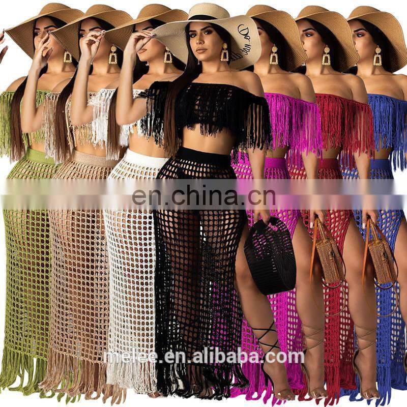 women summer two piece clothing off shoulder tassel swim wear cover up beach maxi dress bikinis 2020 swimwear beachwear