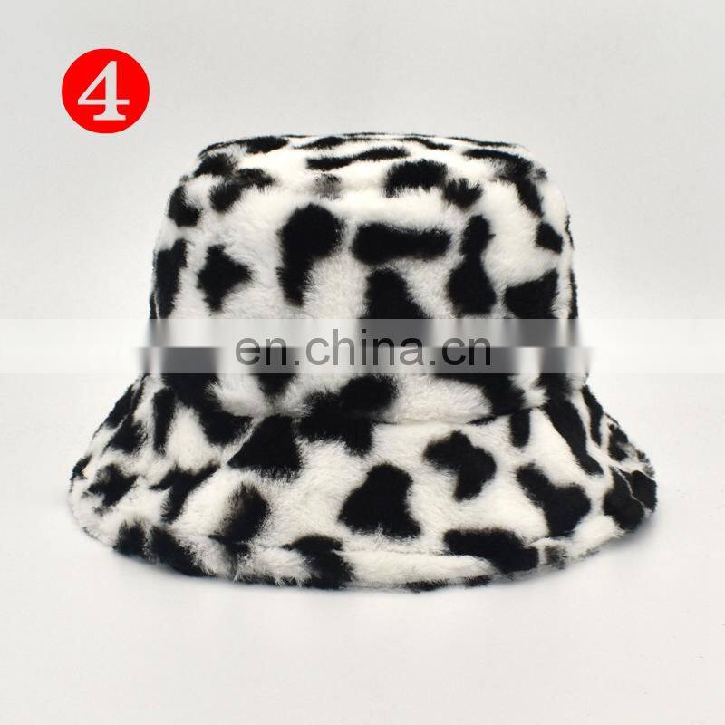 Fall Winter Cow Reversible Hats Female Plush Bucket Hats Leopard zebra design Warm For Women street