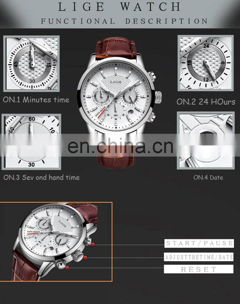 Lige 9866 Casual Men Quartz Watches Chrono Water Resistant Reloj Fashion Leather Wrist Watches for Men