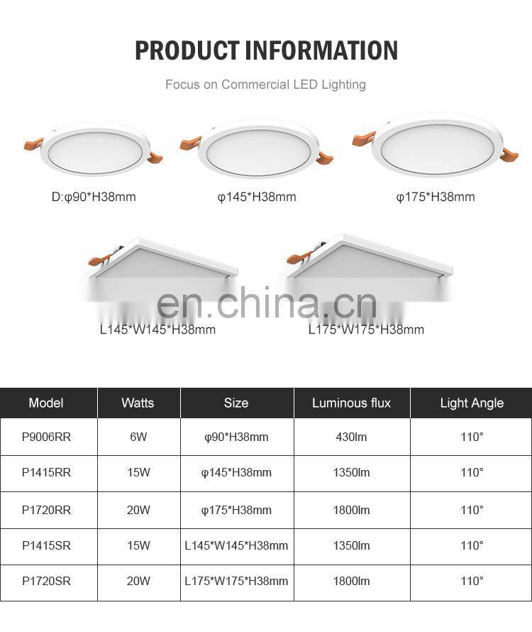 Hot Sale High Brightness Indoor Aluminum Square Square Recessed 6 15 20 W Smd Led Panel Light
