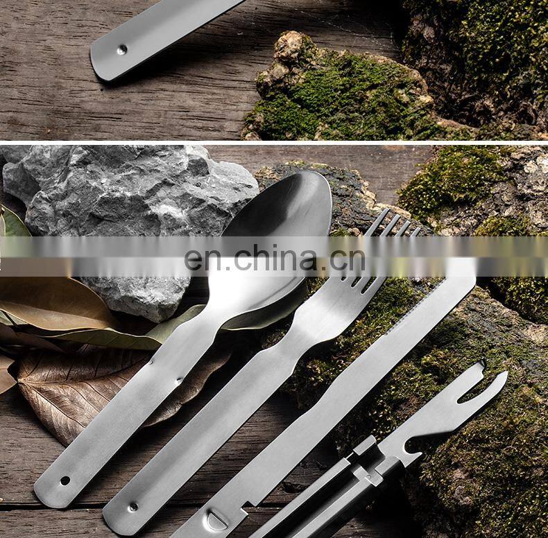 High Quality Outdoor Stainless Steel Camping Tableware 4 in 1 Portable Bottle Opener with Knife, Fork and Spoon