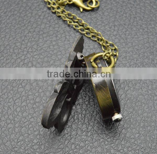 Digital pocket watch with bronze necklace chain quartz movt butterfly watch