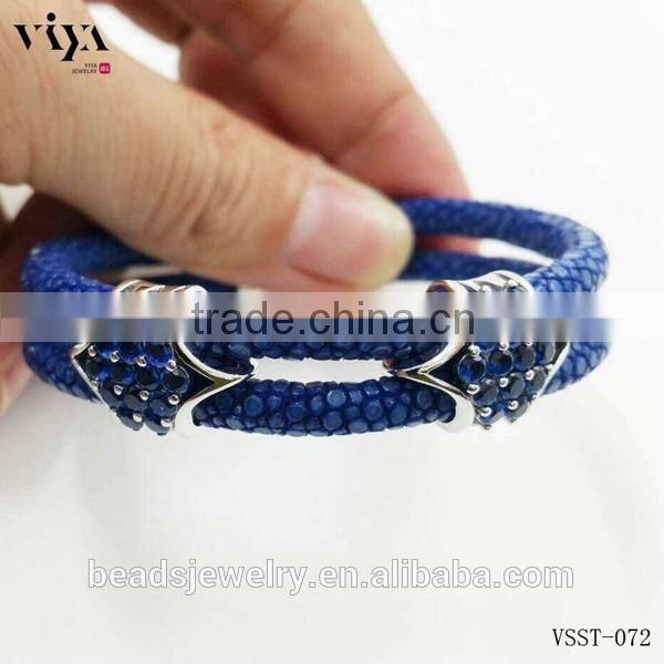 2016 Wholesale Luxury Stingray/ Python Leather Silver Bracelet With Rose Gold Clasps White Diamond