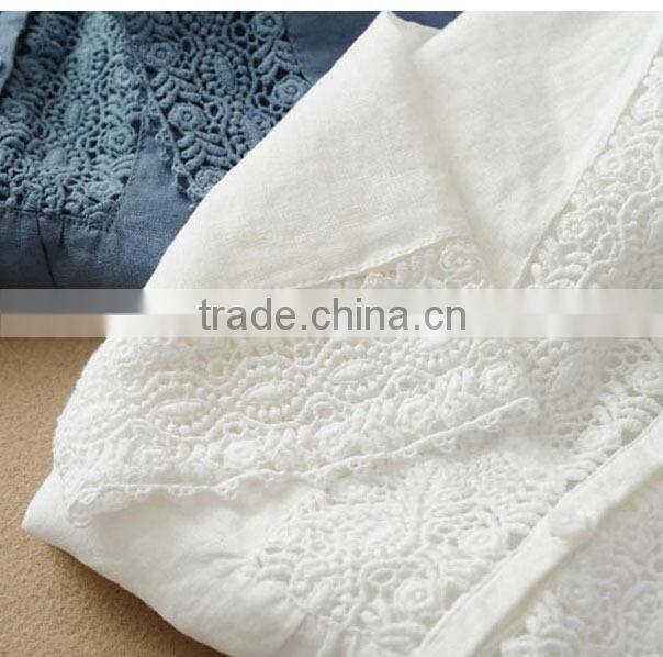ladies' soft linen shirt plain dye fabric blouse long sleeve lace ornament top