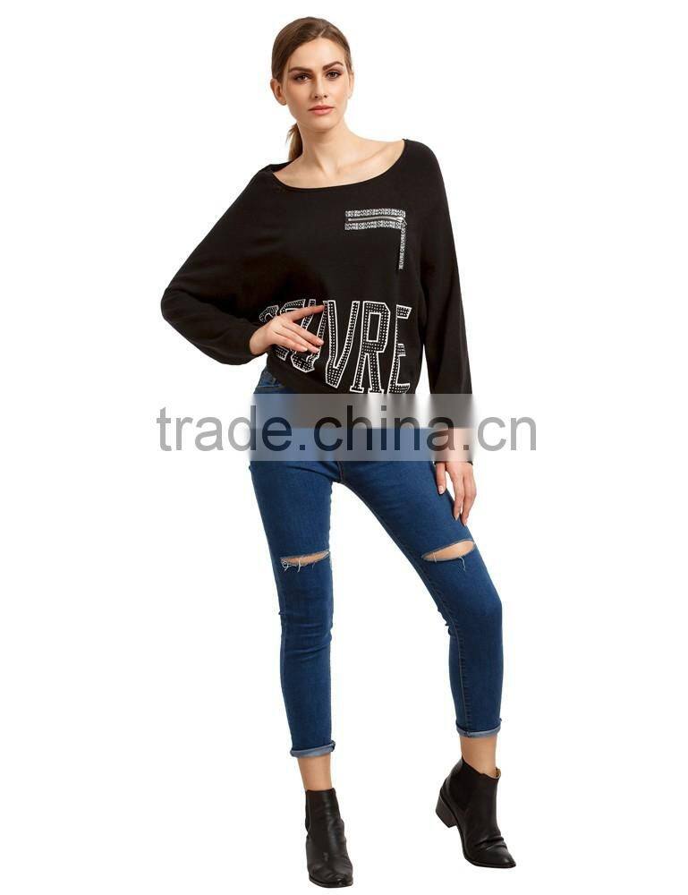 New arrival black loose style batwing sleeve rhinestones sweater