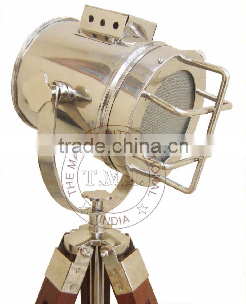 SPOTLIGHT WITH WOODEN TRIPOD STAND - SEARCHLIGHT WITH WOODEN STAND - NAUTICAL SPOTLIGHT