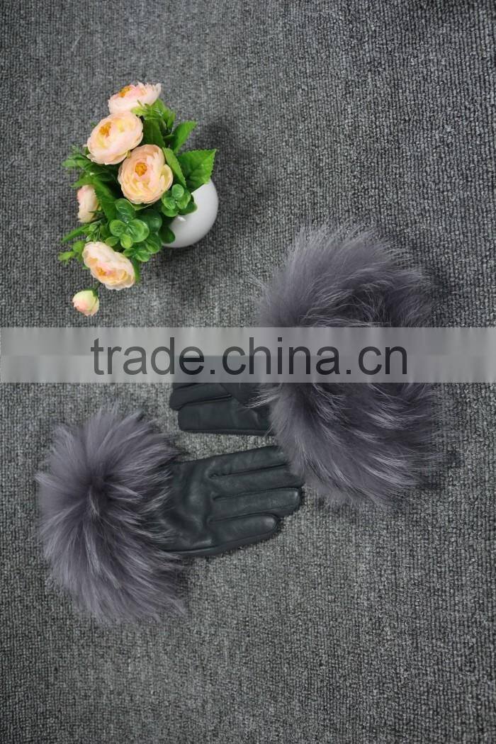 Fashion lady leather glove fur cuff glove fox leather glove hot sale