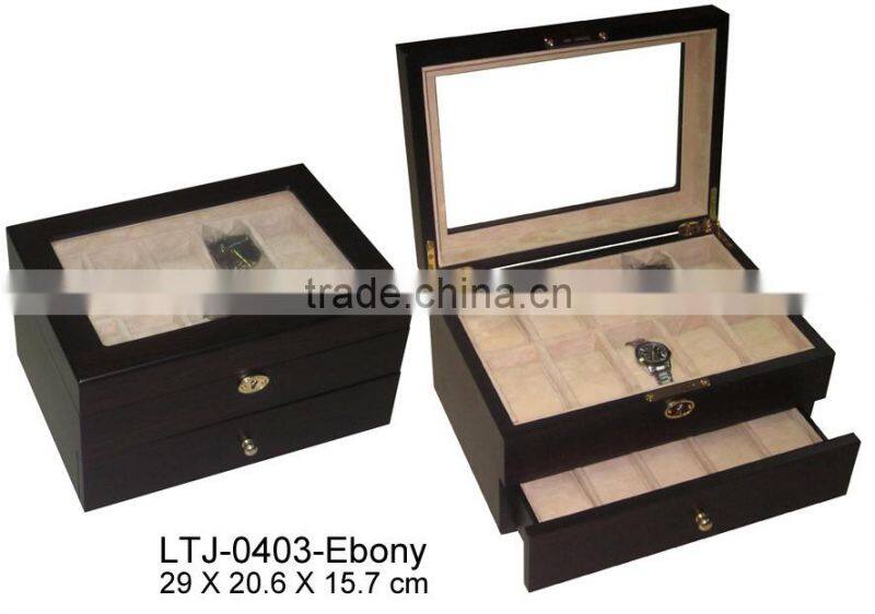 Glass top ebony wooden display watch box manufacturer