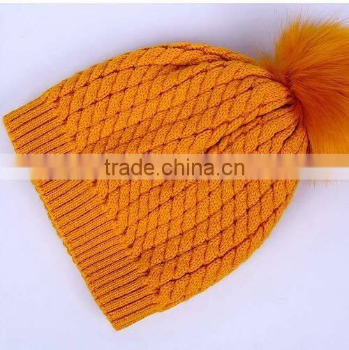 Newest Arrival Winter Warm Crocheted Wool Hat with Fox Fur Pom poms For Fashion Gilrs