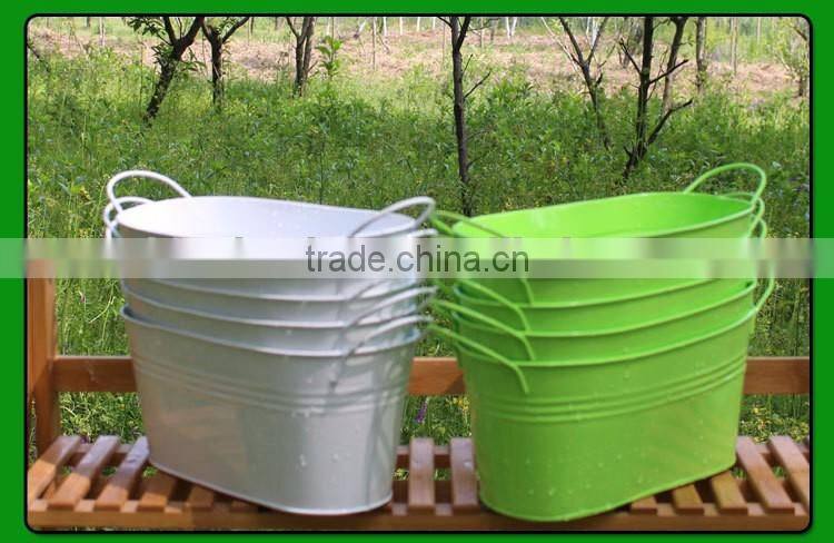 hottest item waterproof oval white green flower vintage galvanized metal planter with wood handles