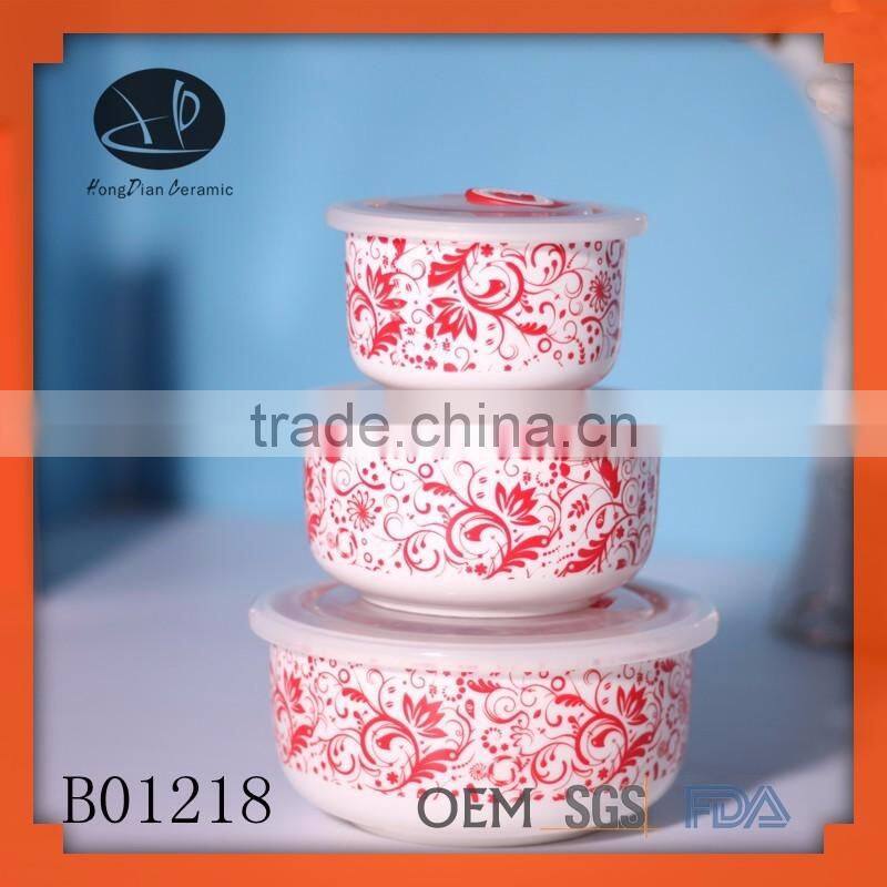 custom printed ceramic bowl bowls with airtight lids ,3pcs porcelain fresh seal bowl