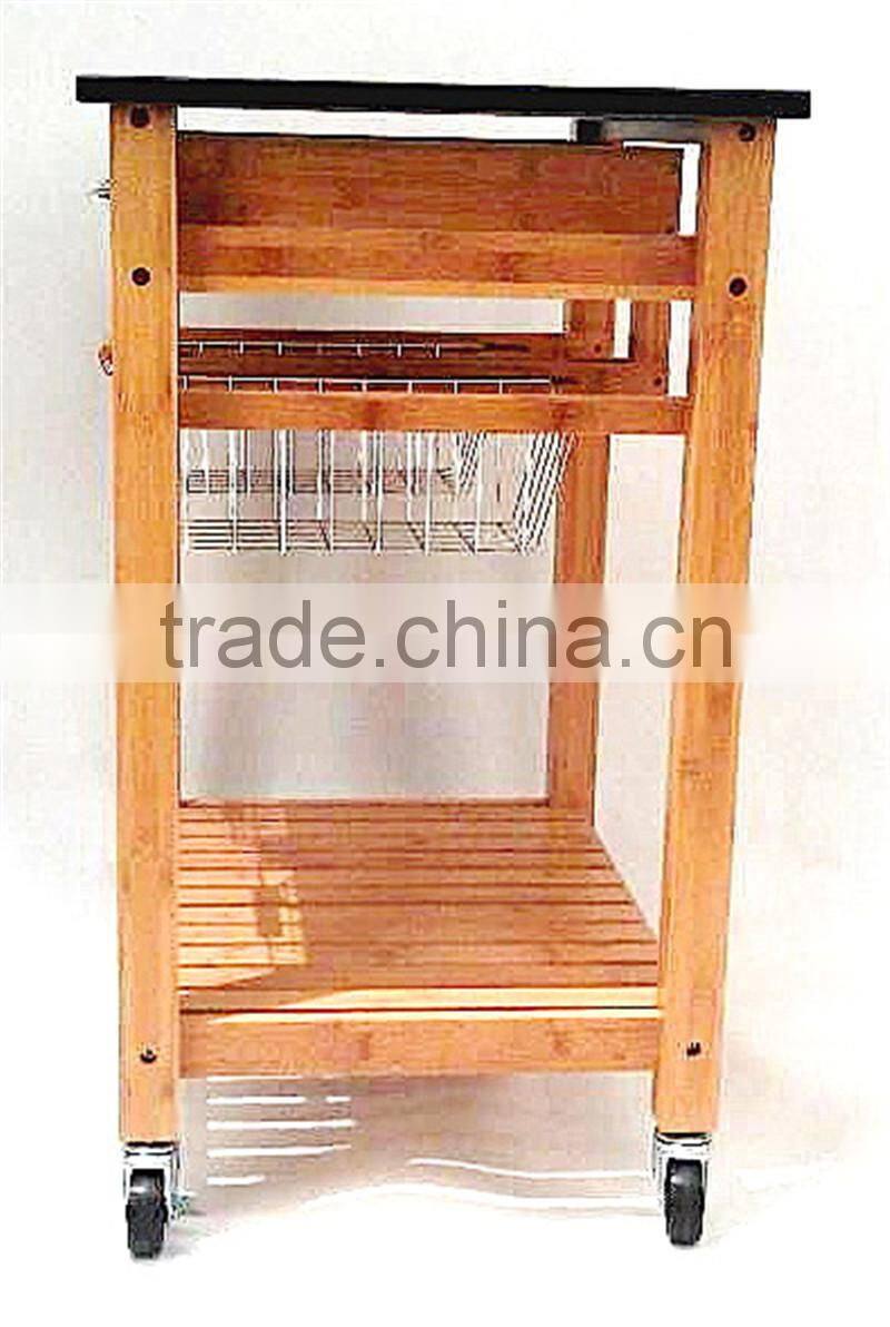 Hot sale bamboo kitchen trolley design with basket and wheels