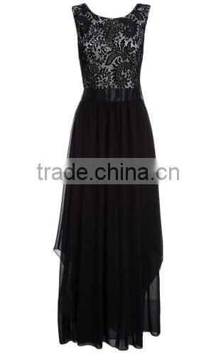 2016 Vintage Black Red Lady Elegant Sleeveless Summer Lace Patchwork Party Club Dress Round Neck Long Dress Party Dress