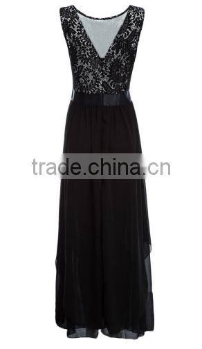 2016 Vintage Black Red Lady Elegant Sleeveless Summer Lace Patchwork Party Club Dress Round Neck Long Dress Party Dress