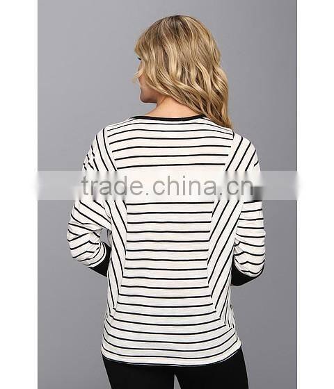 women white black stripe fleece scoop neckline with sweater-stitch at front three-quarter length dolman sleeves sweater fleece
