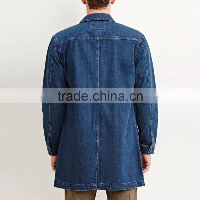 longline denim dark blue long jacket with pocket for men