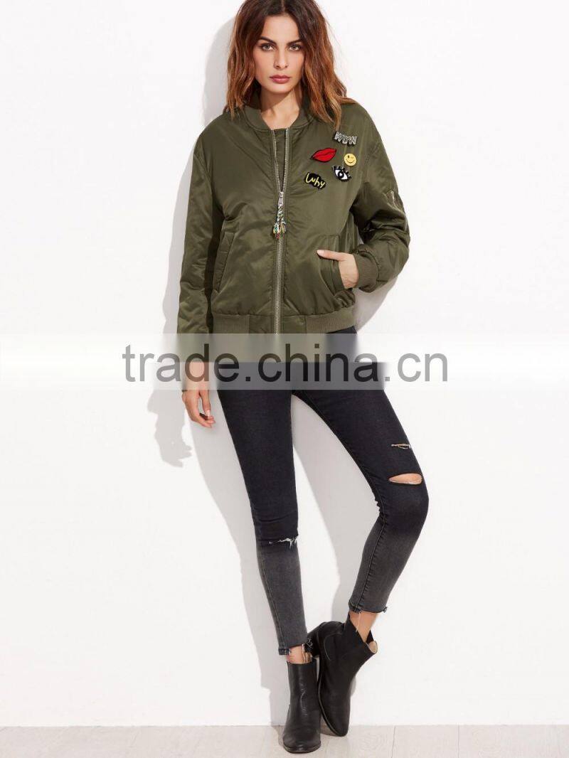 Olive Green Patch Bomber Jacket Wholesale Custom 100% Polyester Lovely Pins Ribbed Trim Satin Winter Jacket
