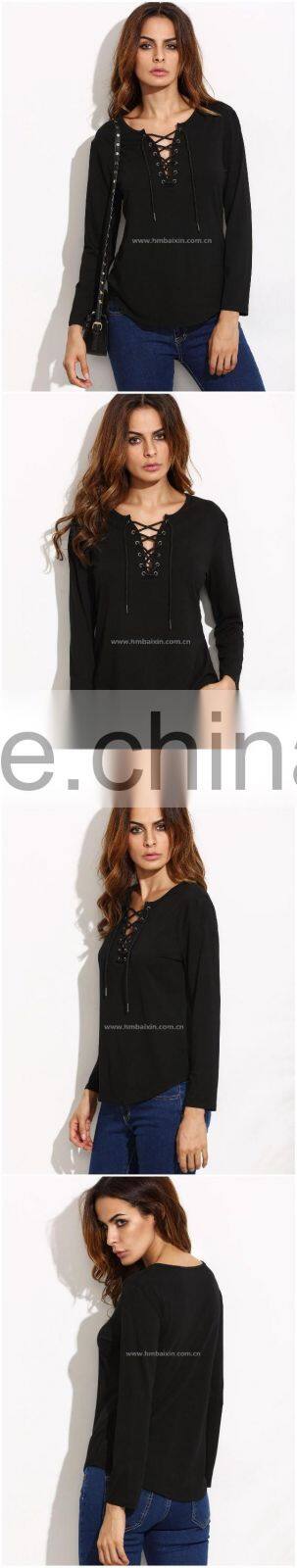 Black V Neck Lace Up Curved Hem T-shirt