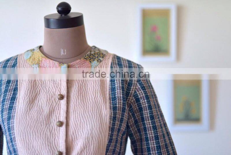 Handmade Boho Kantha Jacket in Plaid Print ~ Medium