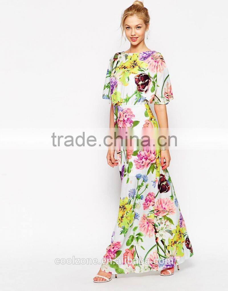Backless half sleeve floral print maxi dress cheap evening dress