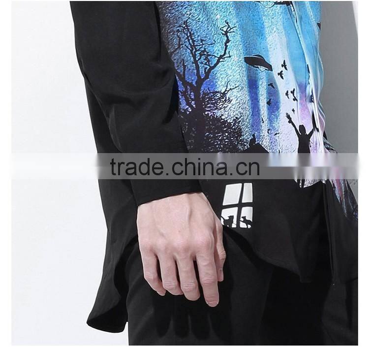 new design slim fit black shirt with printing , twill fabric printed man shirt,100% cotton long sleeve shirt