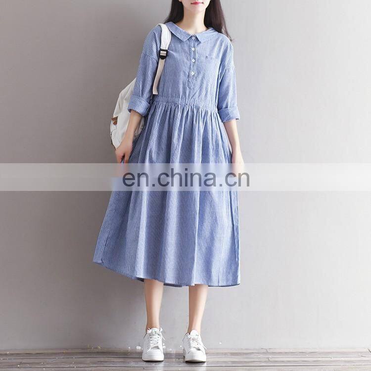 OEM Wholesale Maxi Dresses Plus Size Long Sleeve Linen Striped Dresses