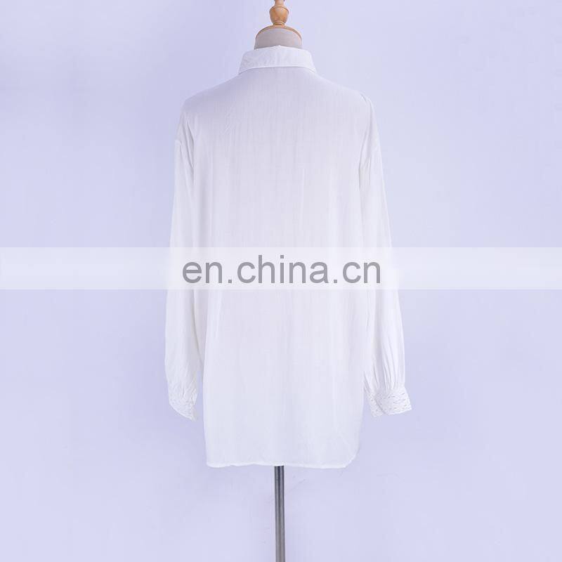 2019 White Cotton Shirt Ladies Sexy Hollow Out Turn Down Collar Bishop Sleeve Summer Beach Wear Women Tops and Blouse Tunic