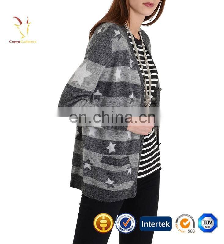 Womens V Neck Cashmere Cardigan Black and Grey Striped Sweaters