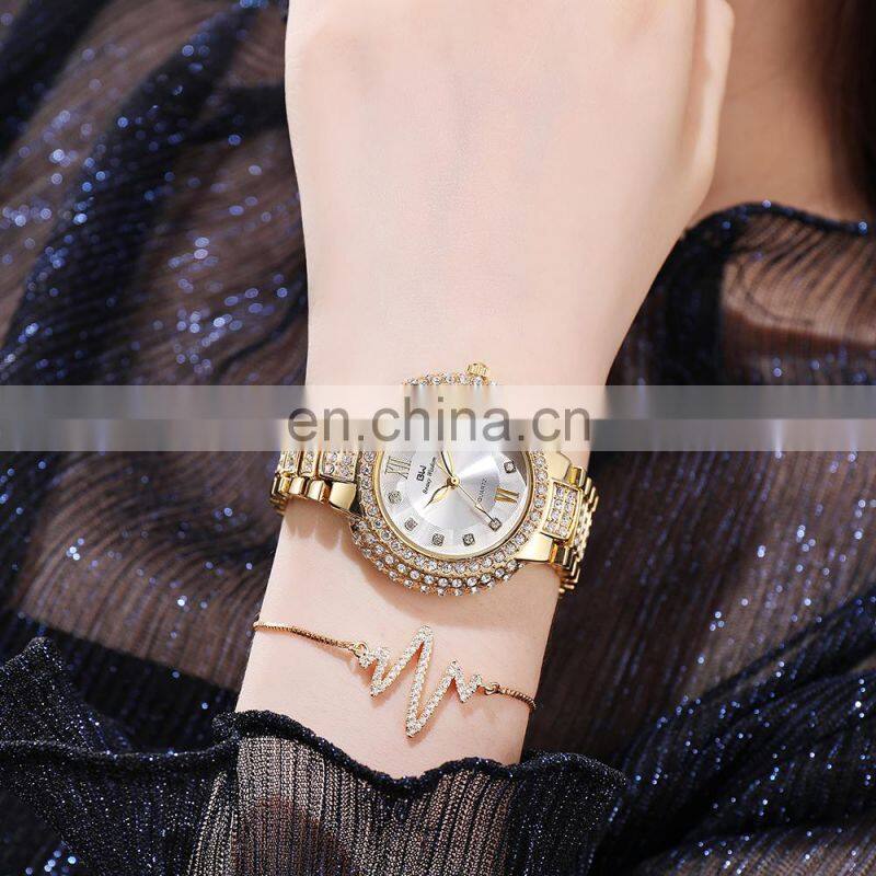 BW 8093 Iced Out Watches Women Gold Quartz Fashion Luxury Roman Font Waterproof Watch Jewelry