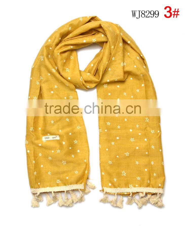 Hot Selling Star Printed Tassel Lace Brim Sewed Boys Girls Kids Linen Cotton Scarf