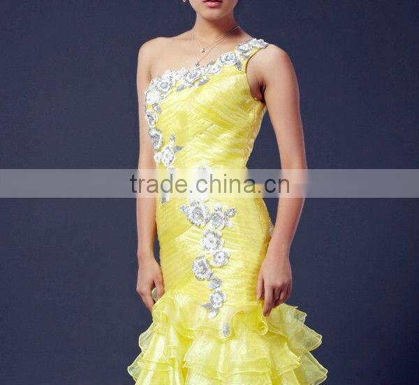 2013 Nes Style One Shoulder Top Layered Mermaid Gold Evening Dress
