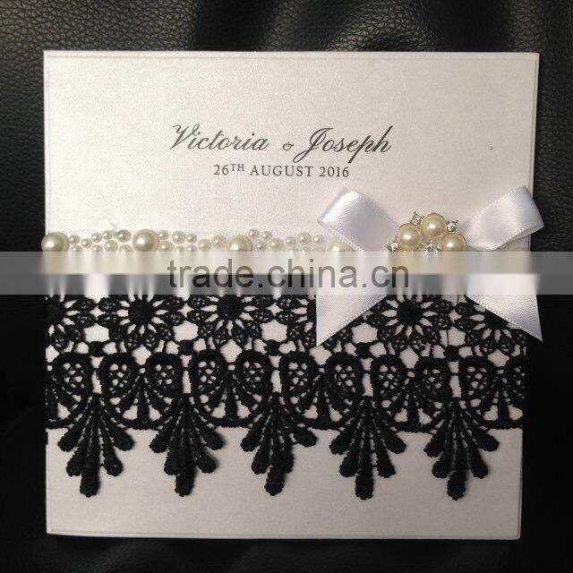Acctractive silk tie lace edge wedding invitation cards with pearl decoration