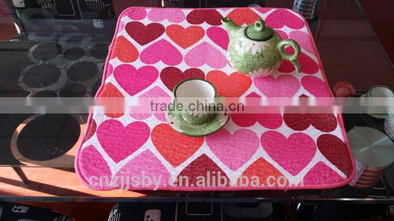 Dish Drying Mat (Heart-shaped Printed Terry Cloth+Stripe Terry Cloth+5mm Sponge)