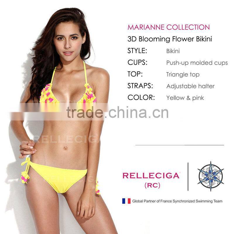 RELLECIGA 2016 Marianne Collection - Yellow &Pink3DBlooming Flower Triangle Top Bikini Set with Moderate Push-up Molded Cups