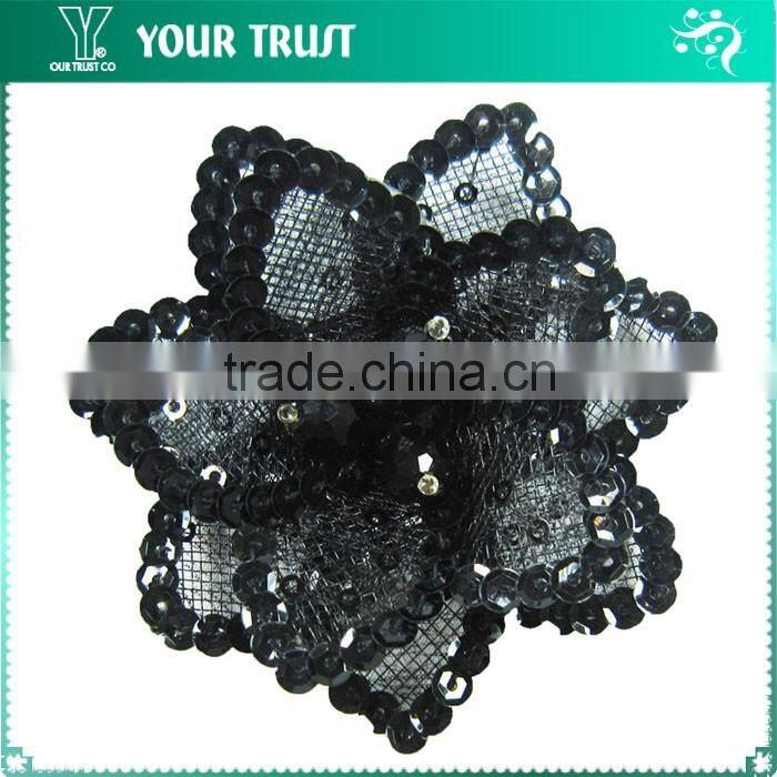 Clear Rhinestone Black Flat Sequin Black Bead Flower Applique Patches