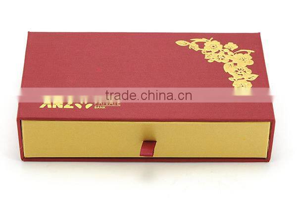 Custom Logo Gold Stamping Drawer Fabric Fancy Paper Red Packet Box with Lid Ribbon