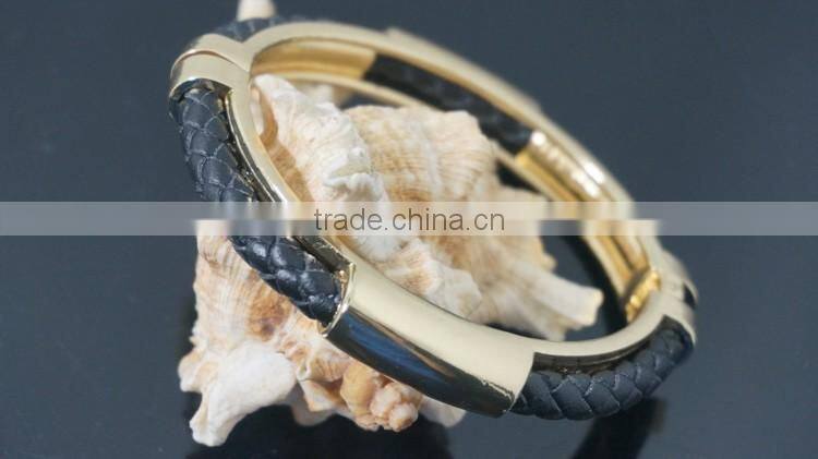 Alloy bangles gold plated with braided leather bracelet embedded stylish bangle